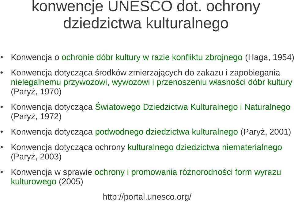 zakazu i zapobiegania nielegalnemu przywozowi, wywozowi i przenoszeniu własności dóbr kultury (Paryż, 1970) Konwencja dotycząca Światowego Dziedzictwa