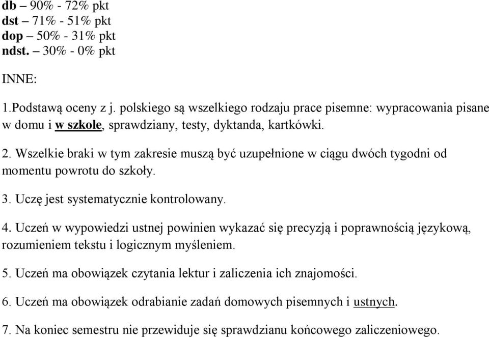 Wszelkie braki w tym zakresie muszą być uzupełnione w ciągu dwóch tygodni od momentu powrotu do szkoły. 3. Uczę jest systematycznie kontrolowany. 4.