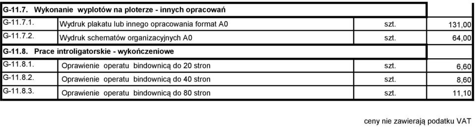 Prace introligatorskie - wykończeniowe G-11.8.1. Oprawienie operatu bindownicą do 20 stron szt.