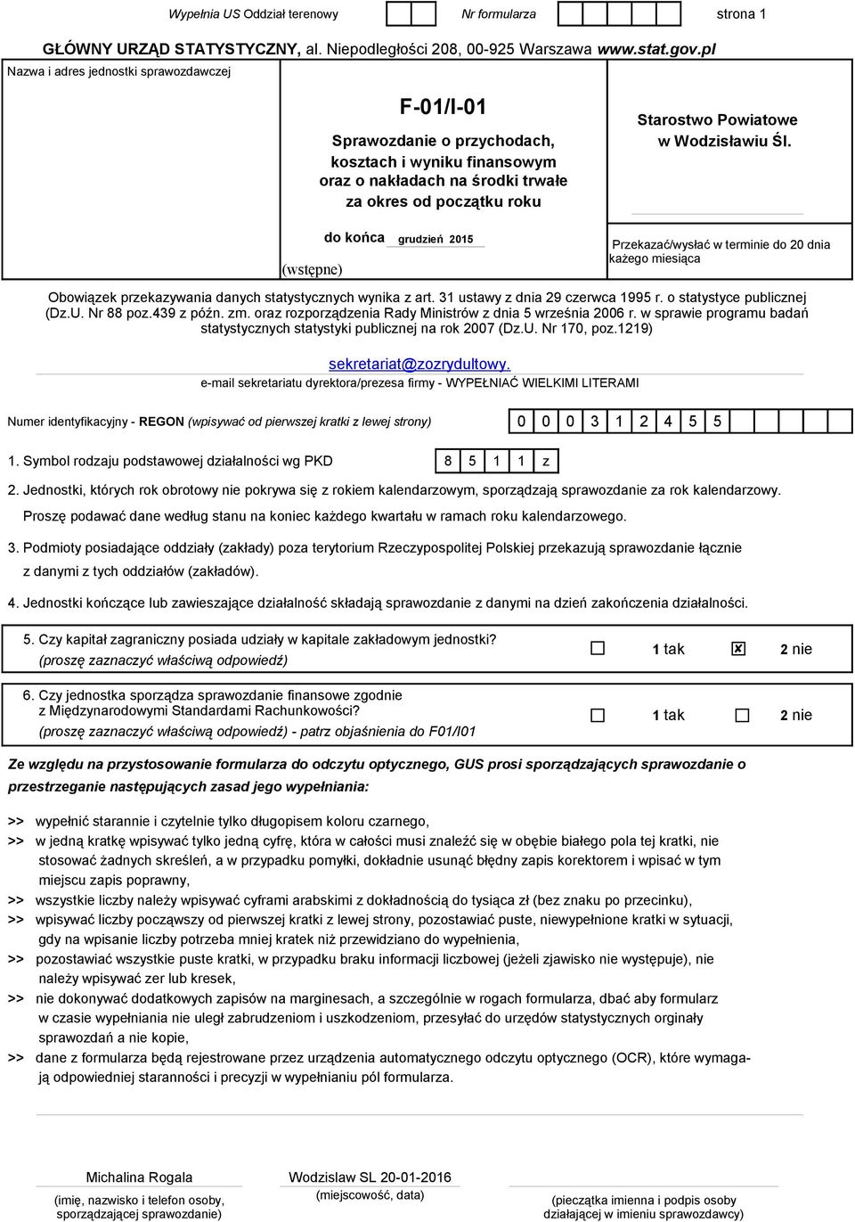 Nr formularza strona 1. GŁÓWNY URZĄD STATYSTYCZNY, al. Niepodległości 208,  Warszawa F-01/I-01 - PDF Free Download