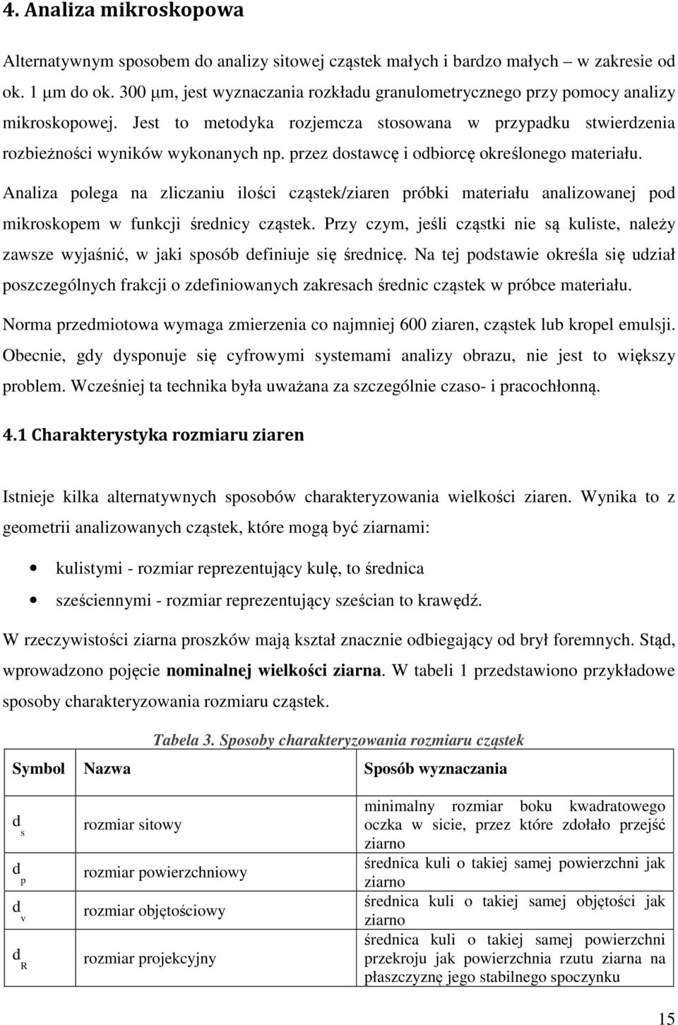 przez dostawcę i odbiorcę określonego materiału. Analiza polega na zliczaniu ilości cząstek/ziaren próbki materiału analizowanej pod mikroskopem w funkcji średnicy cząstek.