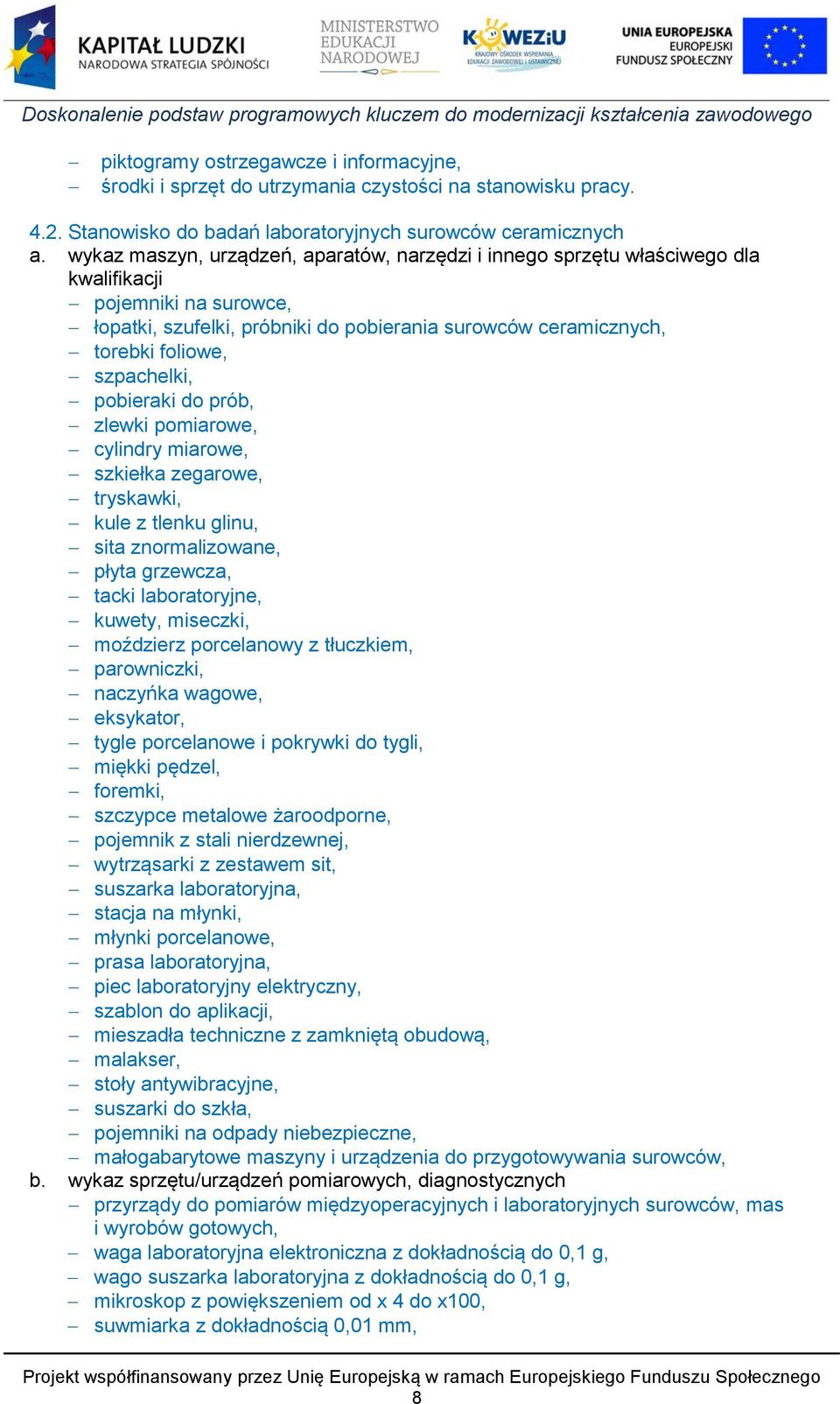 szpachelki, pobieraki do prób, zlewki pomiarowe, cylindry miarowe, szkiełka zegarowe, tryskawki, kule z tlenku glinu, sita znormalizowane, płyta grzewcza, tacki laboratoryjne, kuwety, miseczki,