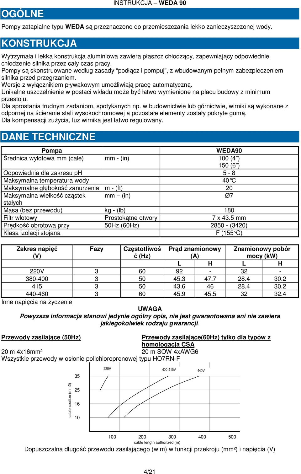 Pompy są skonstruowane według zasady podłącz i pompuj, z wbudowanym pełnym zabezpieczeniem silnika przed przegrzaniem. Wersje z wyłącznikiem pływakowym umoŝliwiają pracę automatyczną.