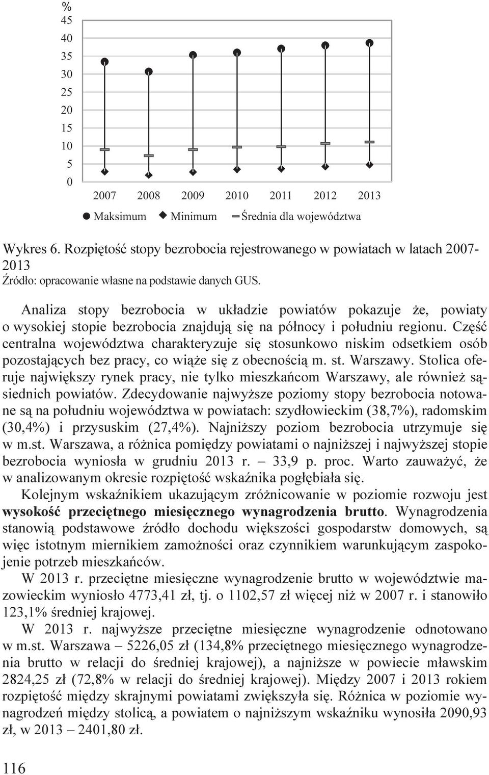 południu regionu. Część centralna województwa charakteryzuje się stosunkowo niskim odsetkiem osób pozostających bez pracy, co wiąże się z obecnością m. st. Warszawy.