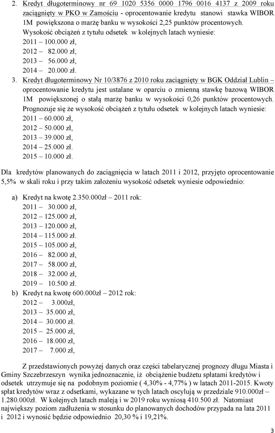 Kredyt długoterminowy Nr 10/3876 z 2010 roku zaciągnięty w BGK Oddział Lublin oprocentowanie kredytu jest ustalane w oparciu o zmienną stawkę bazową WIBOR 1M powiększonej o stałą marżę banku w