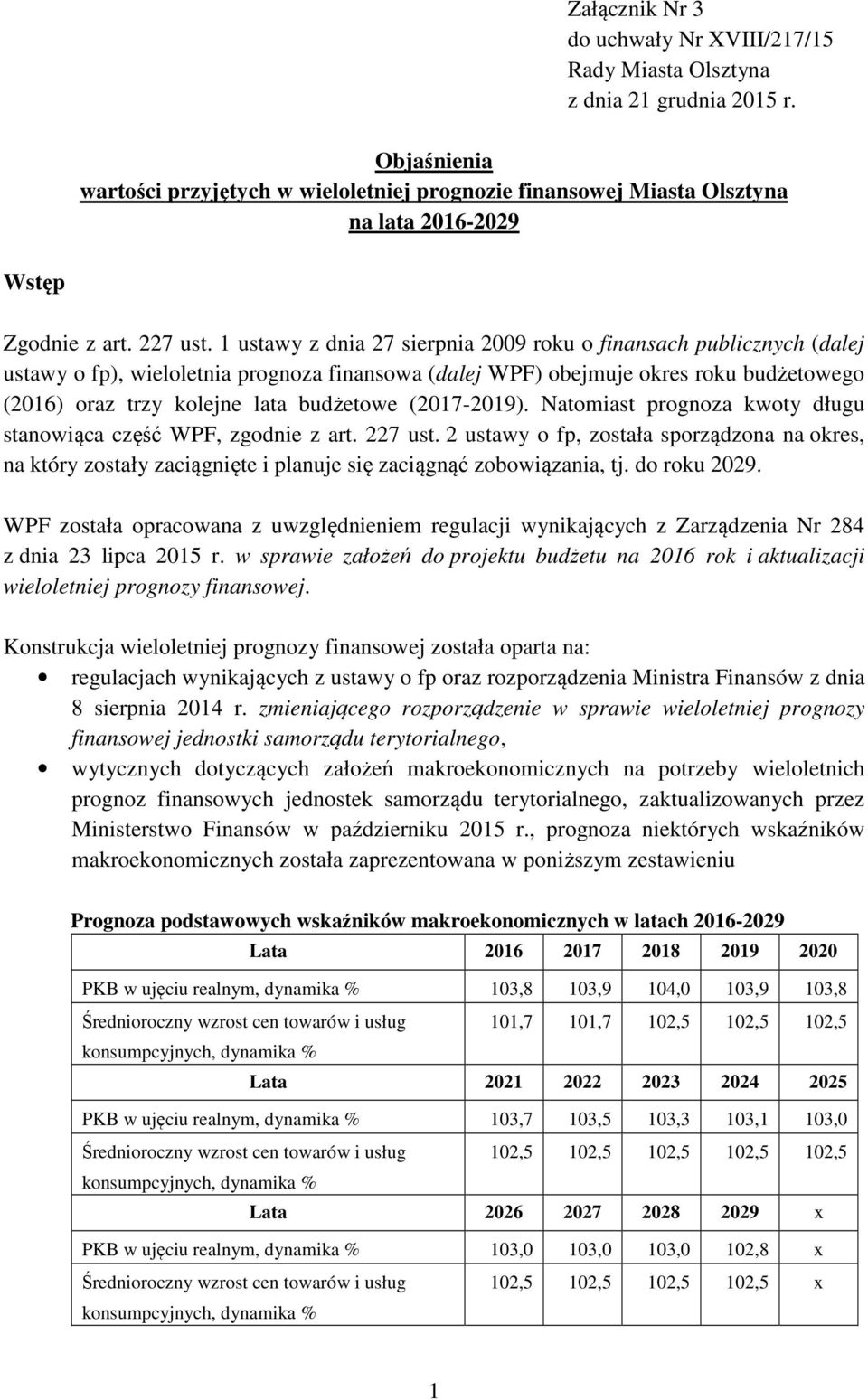 1 ustawy z dnia 27 sierpnia 2009 roku o finansach publicznych (dalej ustawy o fp), wieloletnia prognoza finansowa (dalej WPF) obejmuje okres roku budżetowego (2016) oraz trzy kolejne lata budżetowe