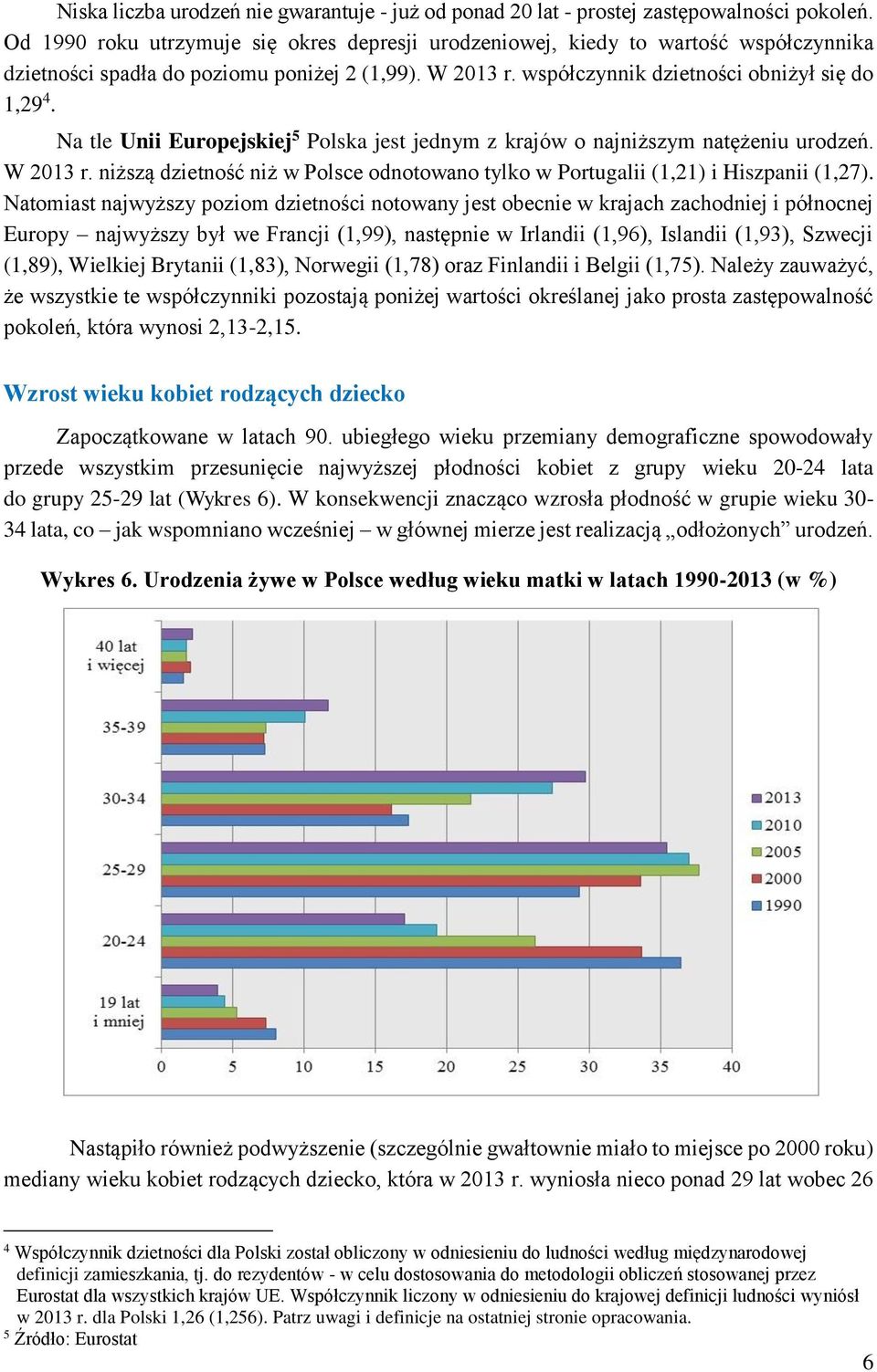 Na tle Unii Europejskiej 5 Polska jest jednym z krajów o najniższym natężeniu urodzeń. W 2013 r. niższą dzietność niż w Polsce odnotowano tylko w Portugalii (1,21) i Hiszpanii (1,27).