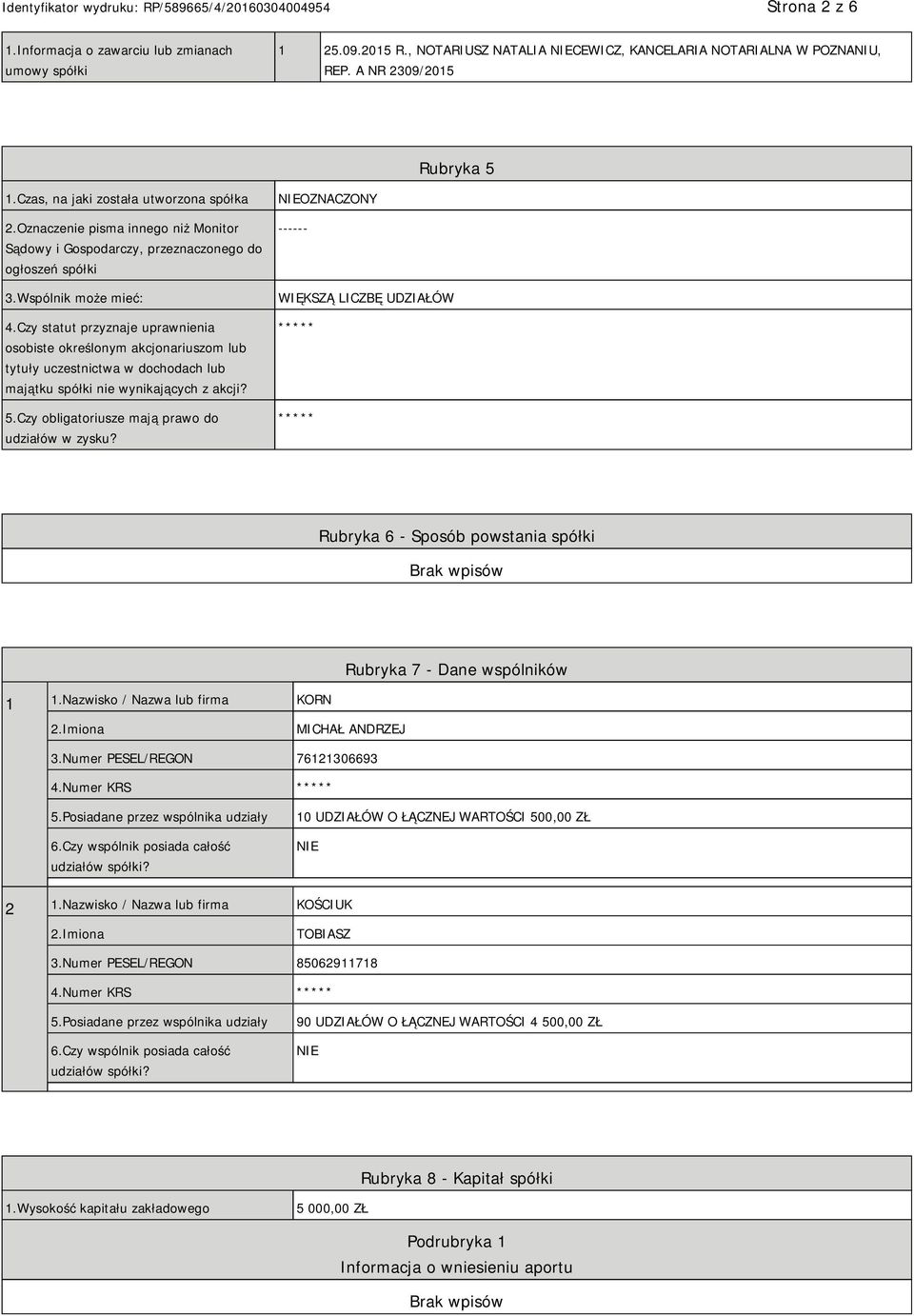 Czy statut przyznaje uprawnienia osobiste określonym akcjonariuszom lub tytuły uczestnictwa w dochodach lub majątku spółki nie wynikających z akcji? 5.