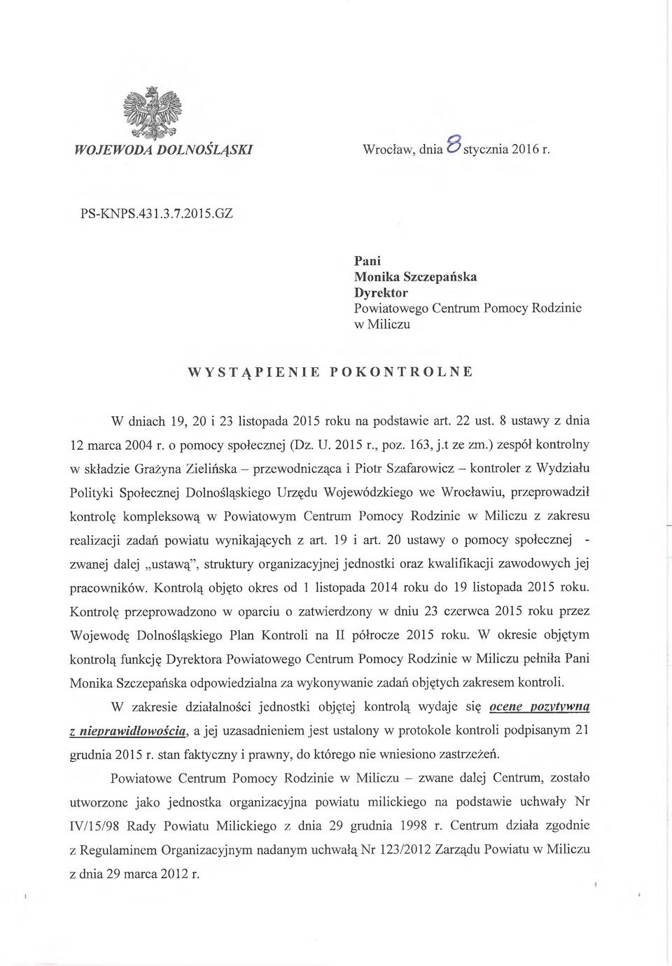8 ustawy z dnia 12 marca 2004 r. o pomocy społecznej (Dz. U. 2015 r., poz. 163, j.t ze zm.