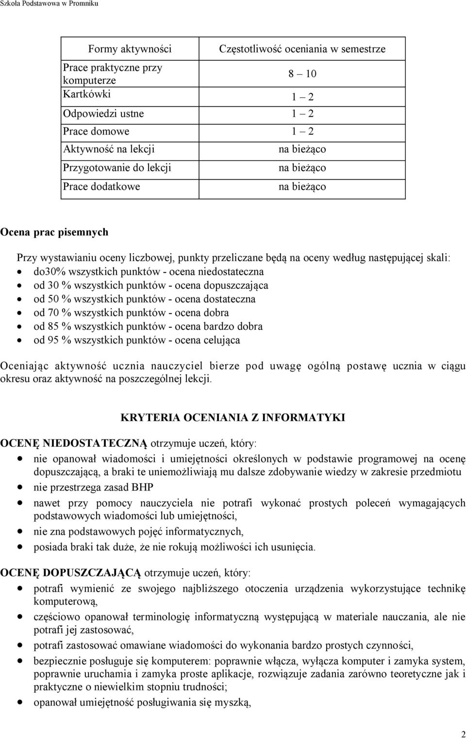 - ocena dopuszczająca od 50 % wszystkich punktów - ocena dostateczna od 70 % wszystkich punktów - ocena dobra od 85 % wszystkich punktów - ocena bardzo dobra od 95 % wszystkich punktów - ocena