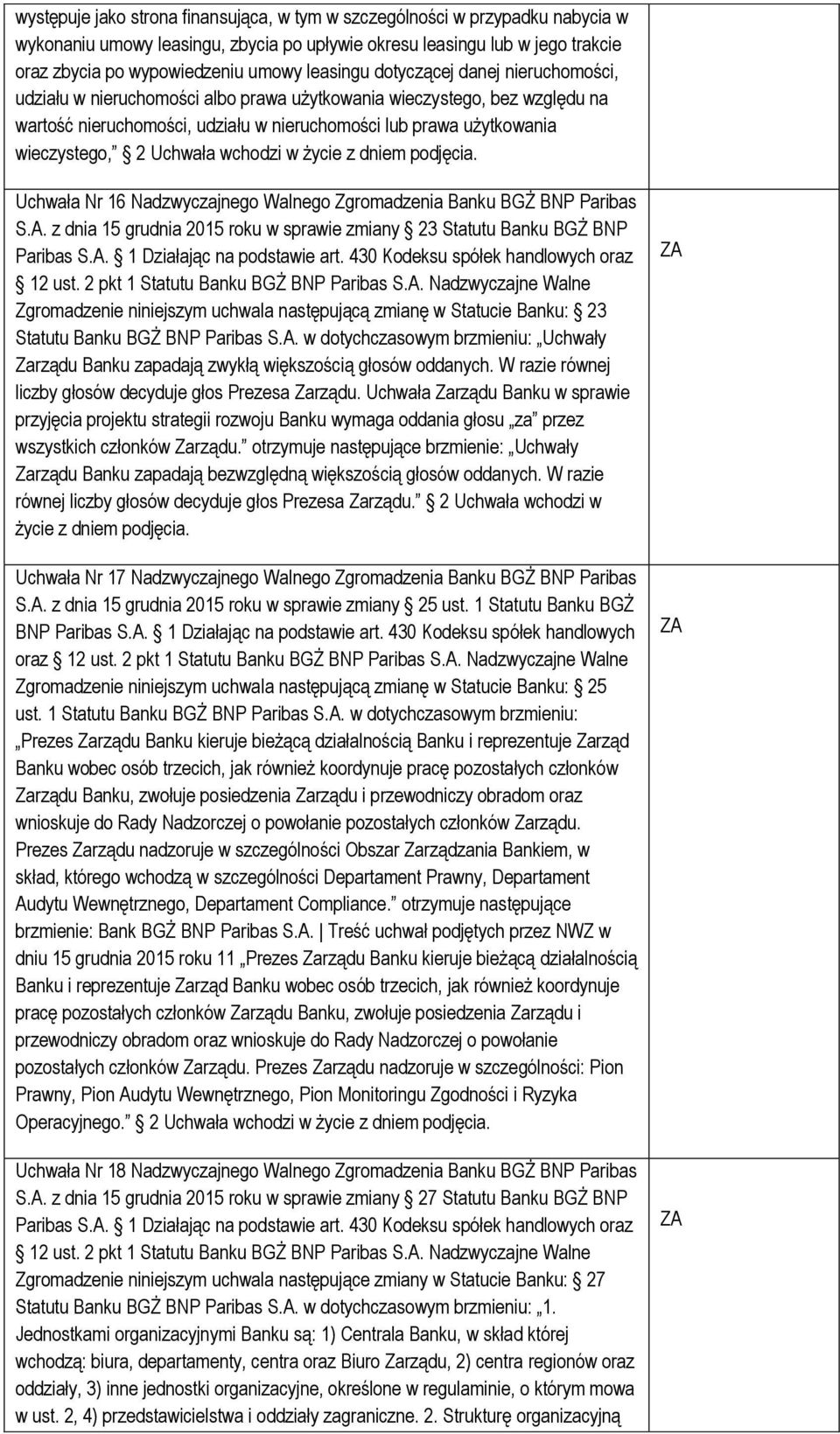 Uchwała wchodzi w życie z dniem podjęcia. Uchwała Nr 16 Nadzwyczajnego Walnego Zgromadzenia Banku BGŻ BNP Paribas S.A. z dnia 15 grudnia 2015 roku w sprawie zmiany 23 Statutu Banku BGŻ BNP Paribas S.