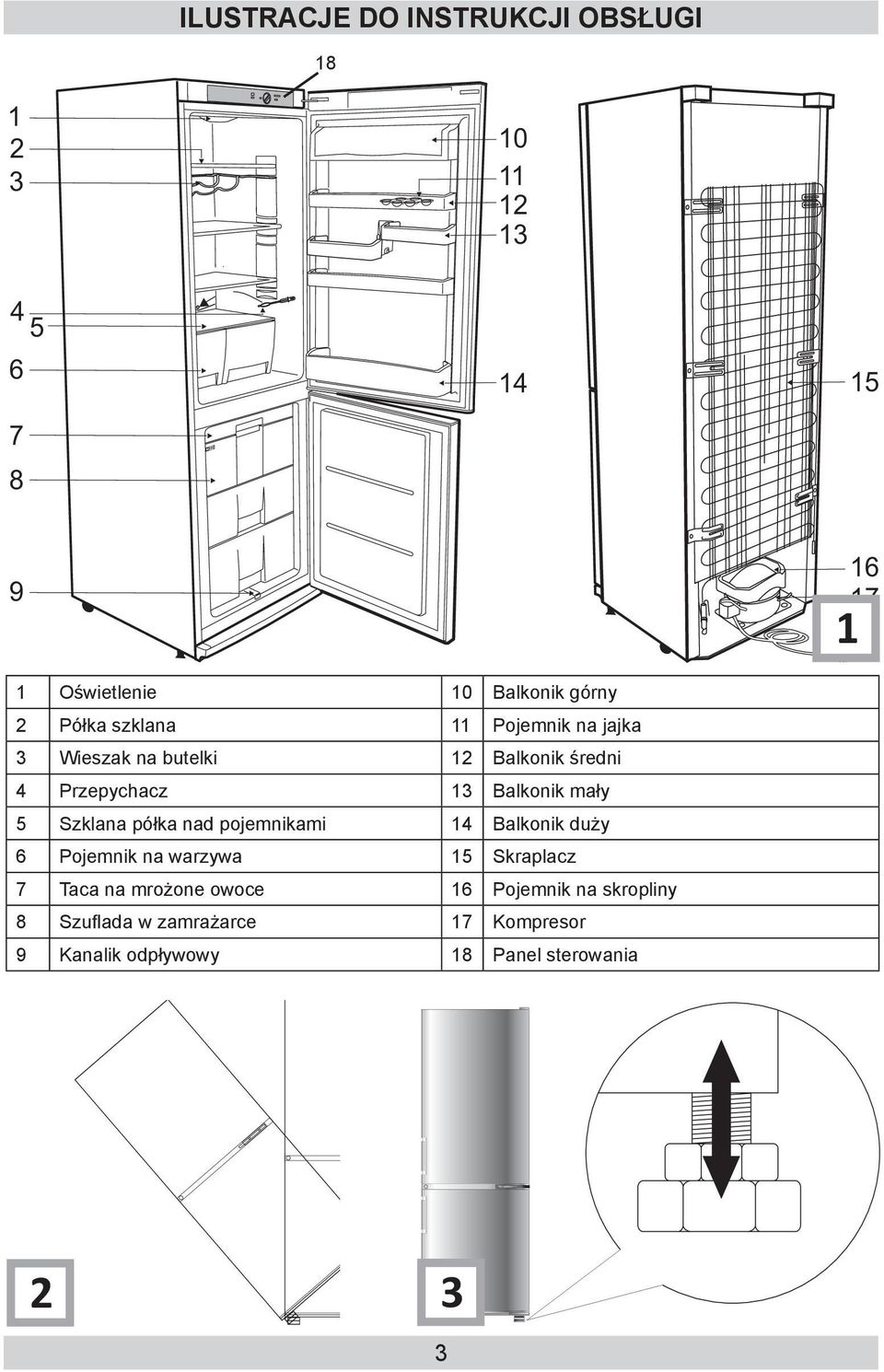 mały 5 Szklana półka nad pojemnikami 14 Balkonik duży 6 Pojemnik na warzywa 15 Skraplacz 7 Taca na mrożone