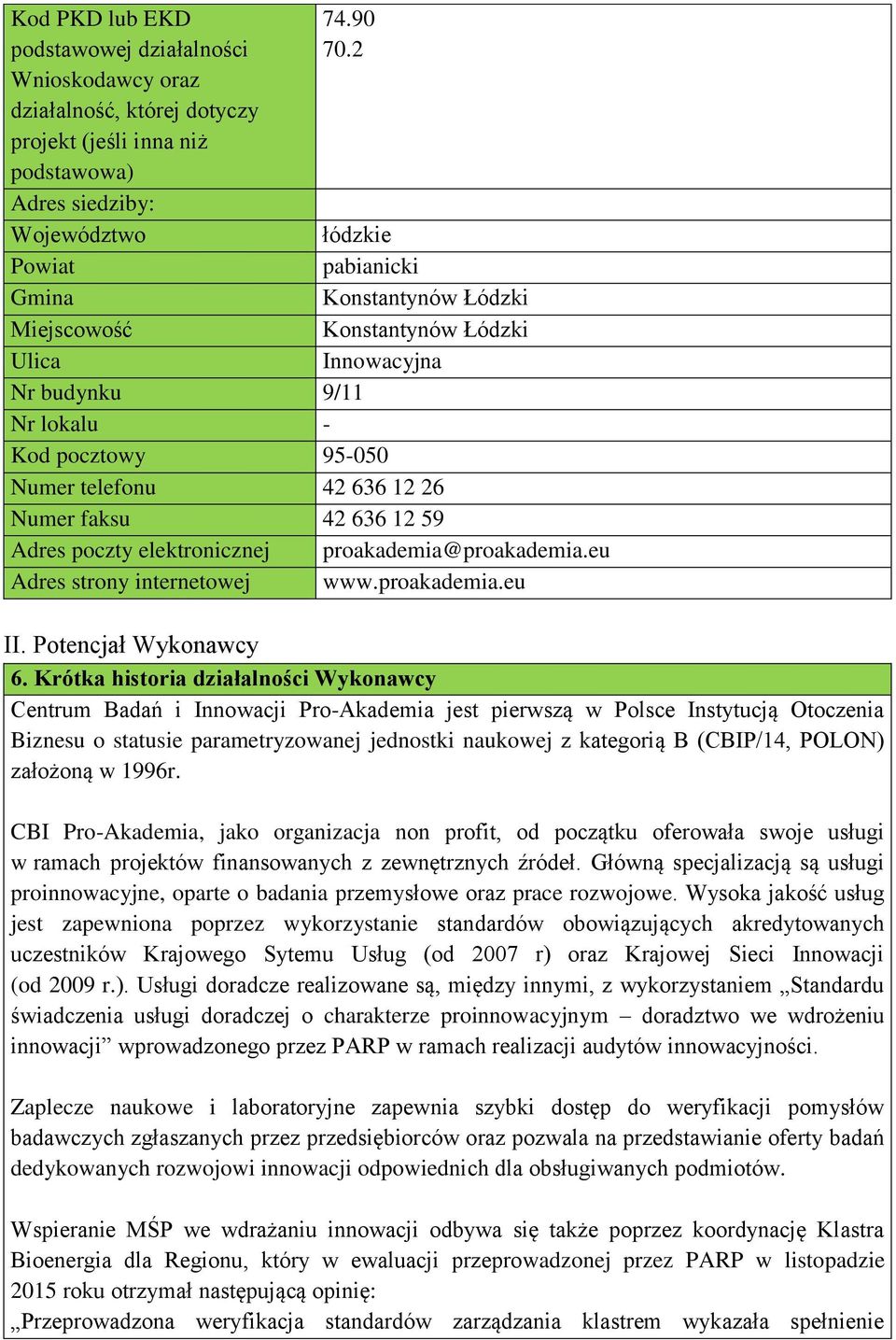 elektronicznej proakademia@proakademia.eu Adres strony internetowej www.proakademia.eu II. Potencjał Wykonawcy 6.