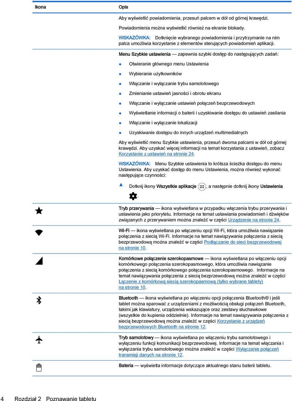 Menu Szybkie ustawienia zapewnia szybki dostęp do następujących zadań: Otwieranie głównego menu Ustawienia Wybieranie użytkowników Włączanie i wyłączanie trybu samolotowego Zmienianie ustawień