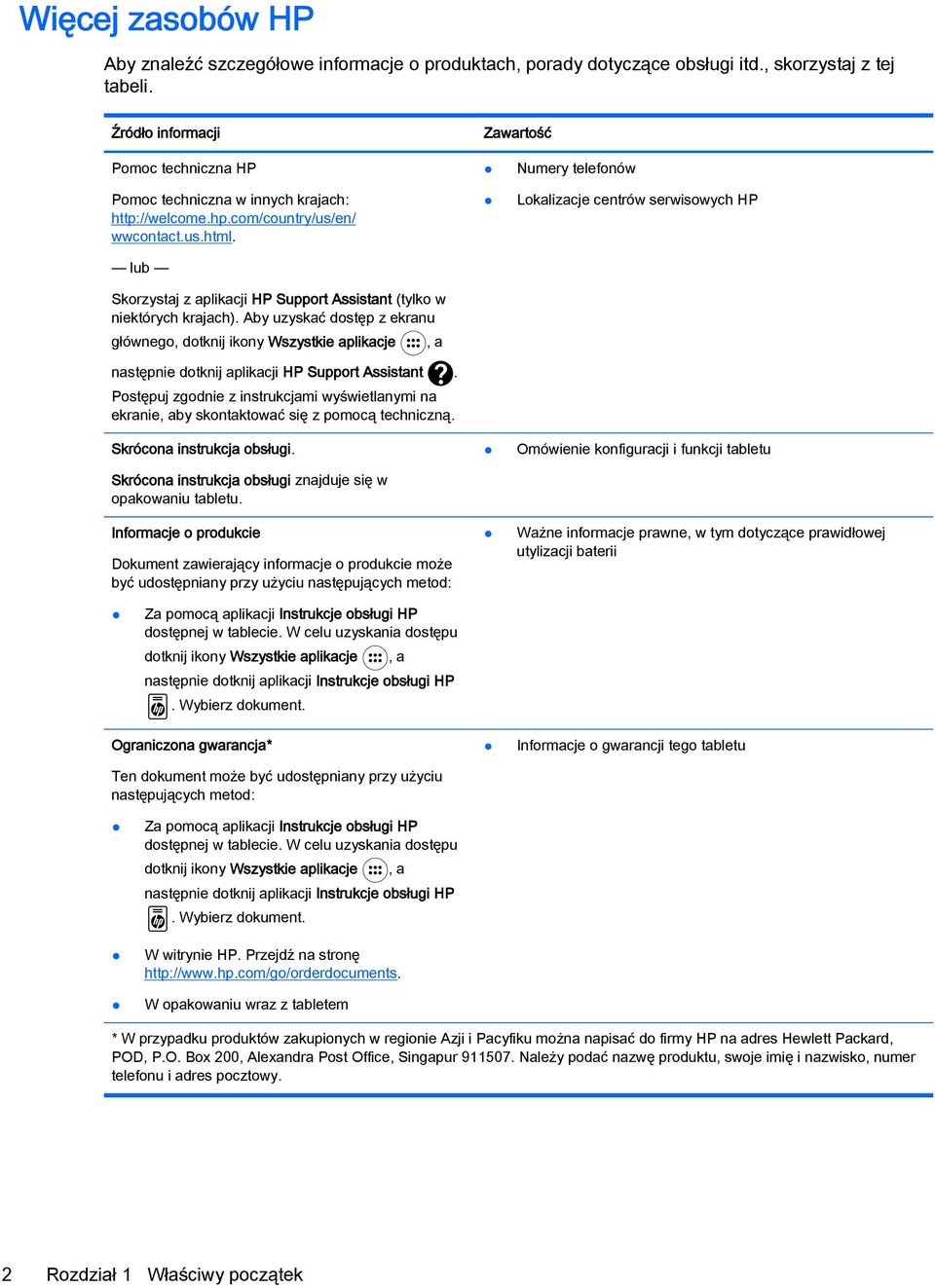 lub Skorzystaj z aplikacji HP Support Assistant (tylko w niektórych krajach). Aby uzyskać dostęp z ekranu głównego, dotknij ikony Wszystkie aplikacje następnie dotknij aplikacji HP Support Assistant.