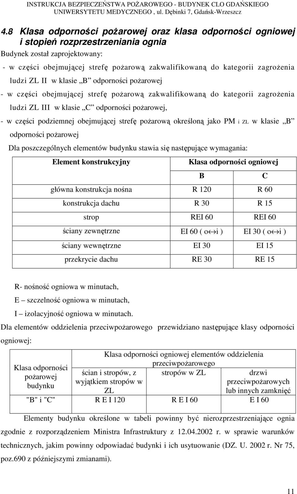 podziemnej obejmującej strefę pożarową określoną jako PM i ZL w klasie B odporności pożarowej Dla poszczególnych elementów budynku stawia się następujące wymagania: Element konstrukcyjny Klasa