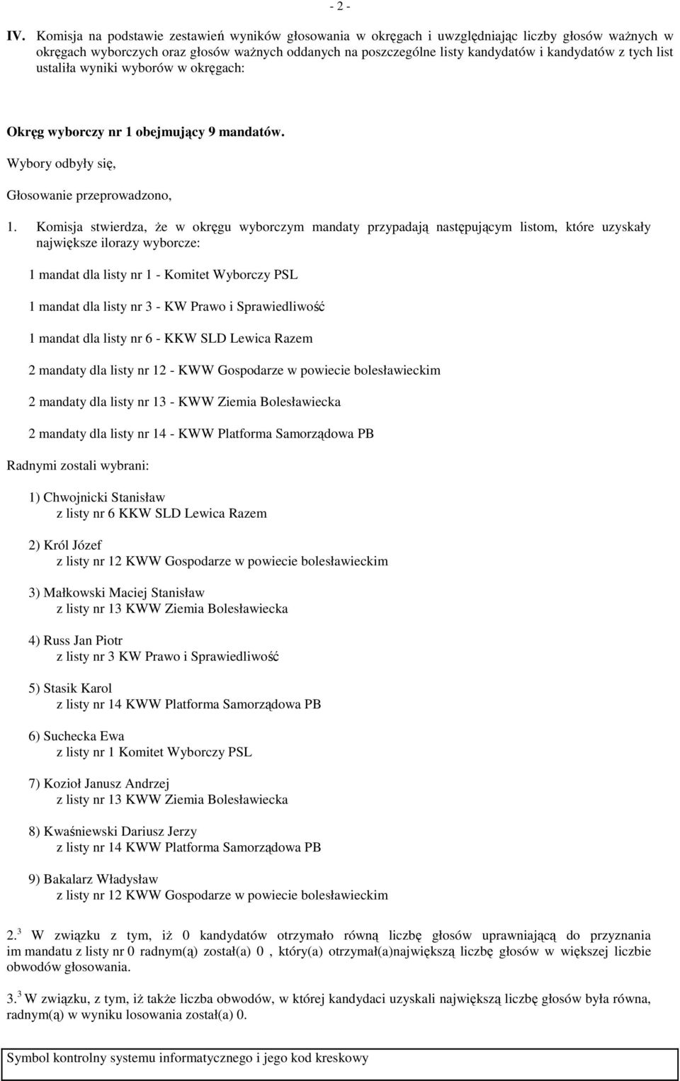 tych list ustaliła wyniki wyborów w okręgach: Okręg wyborczy nr 1 obejmujący 9 mandatów.