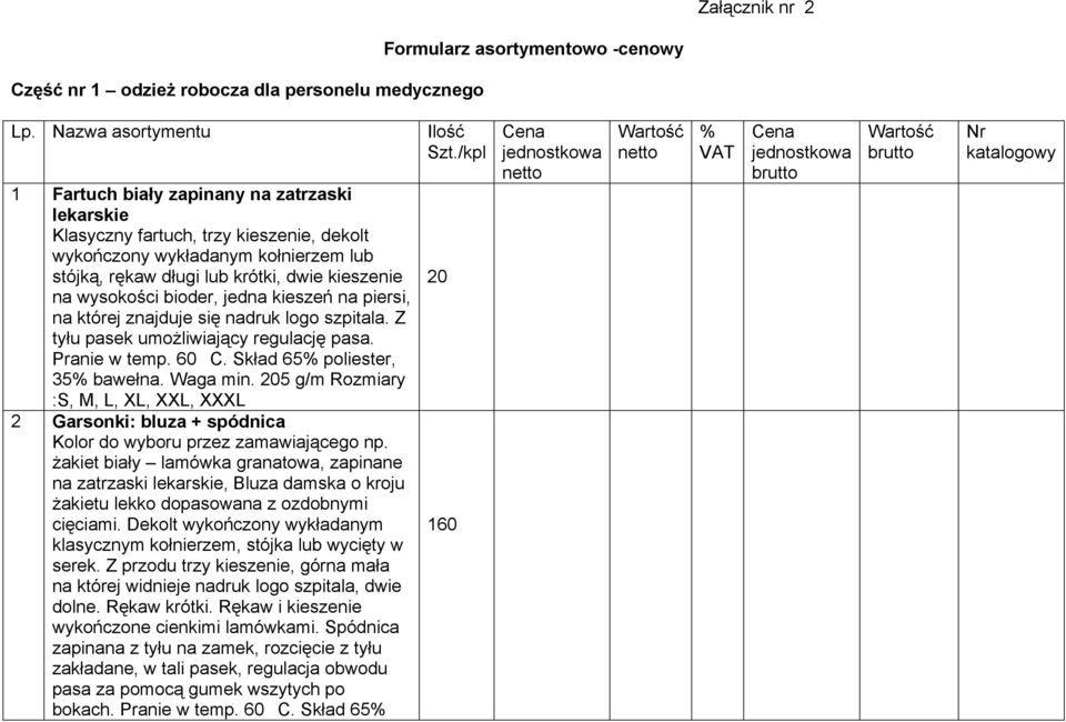 wysokości bioder, jedna kieszeń na piersi, na której znajduje się nadruk logo szpitala. Z tyłu pasek umożliwiający regulację pasa. Pranie w temp. 60C. Skład 65% poliester, 35% bawełna. Waga min.