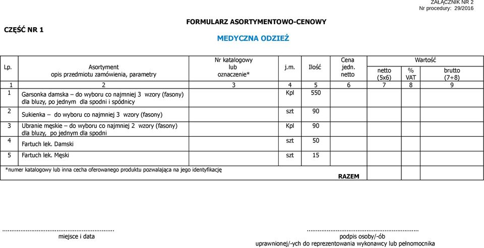 dla spodni i spódnicy Kpl 550 2 Sukienka do wyboru co najmniej 3 wzory (fasony) 3 Ubranie męskie do wyboru co najmniej 2 wzory (fasony) dla bluzy, po jednym dla spodni 4 Fartuch lek.