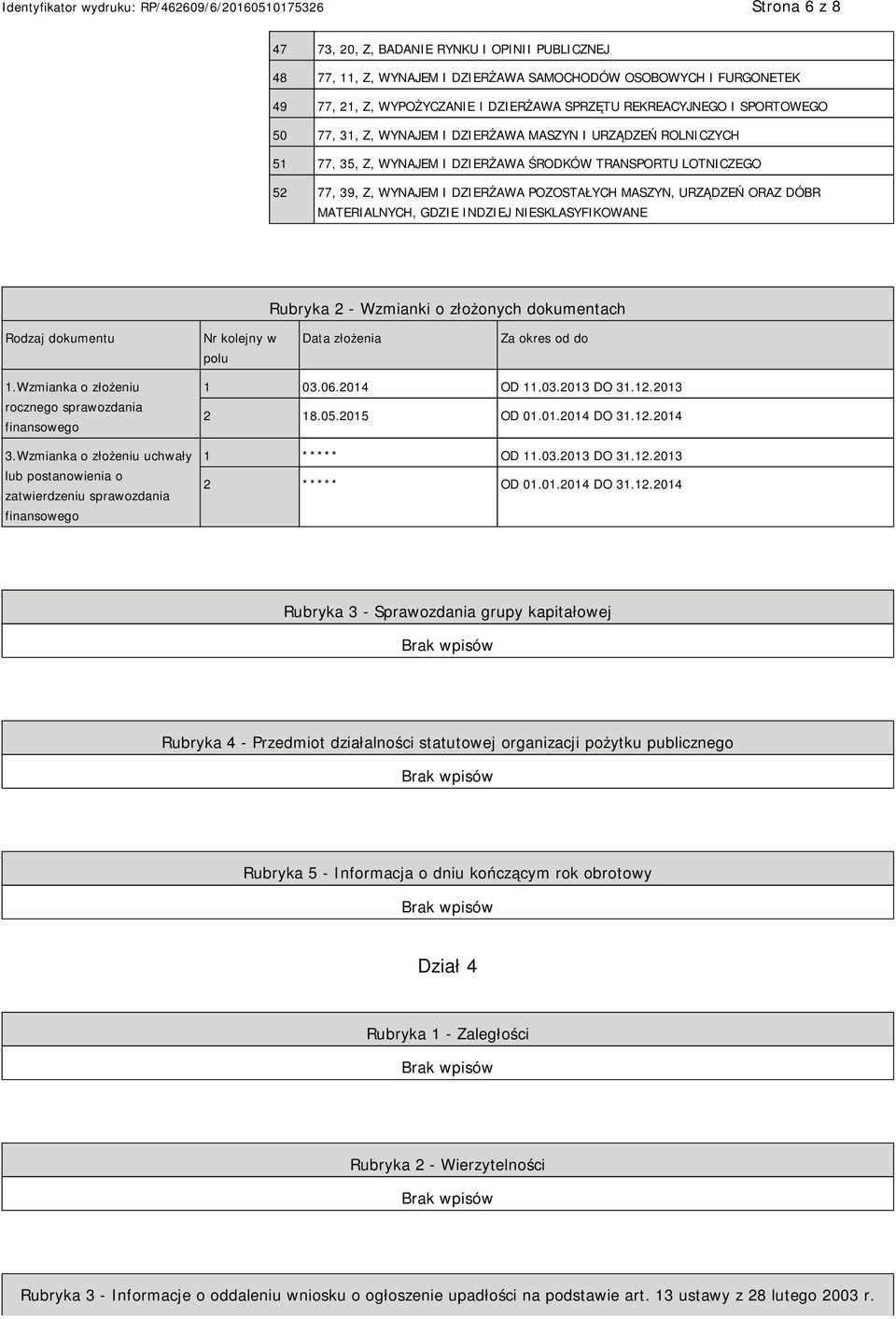 MATERIALNYCH, GDZIE INDZIEJ SKLASYFIKOWANE Rubryka 2 - Wzmianki o złożonych dokumentach Rodzaj dokumentu Nr kolejny w polu Data złożenia Za okres od do 1.