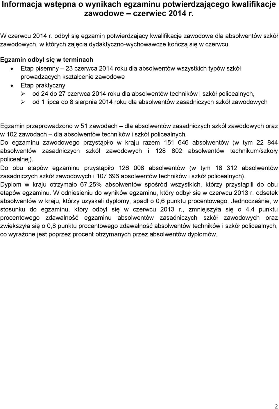 Egzamin odbył się w terminach Etap pisemny 23 czerwca 2014 roku dla absolwentów wszystkich typów szkół prowadzących kształcenie zawodowe Etap praktyczny od 24 do 27 czerwca 2014 roku dla absolwentów