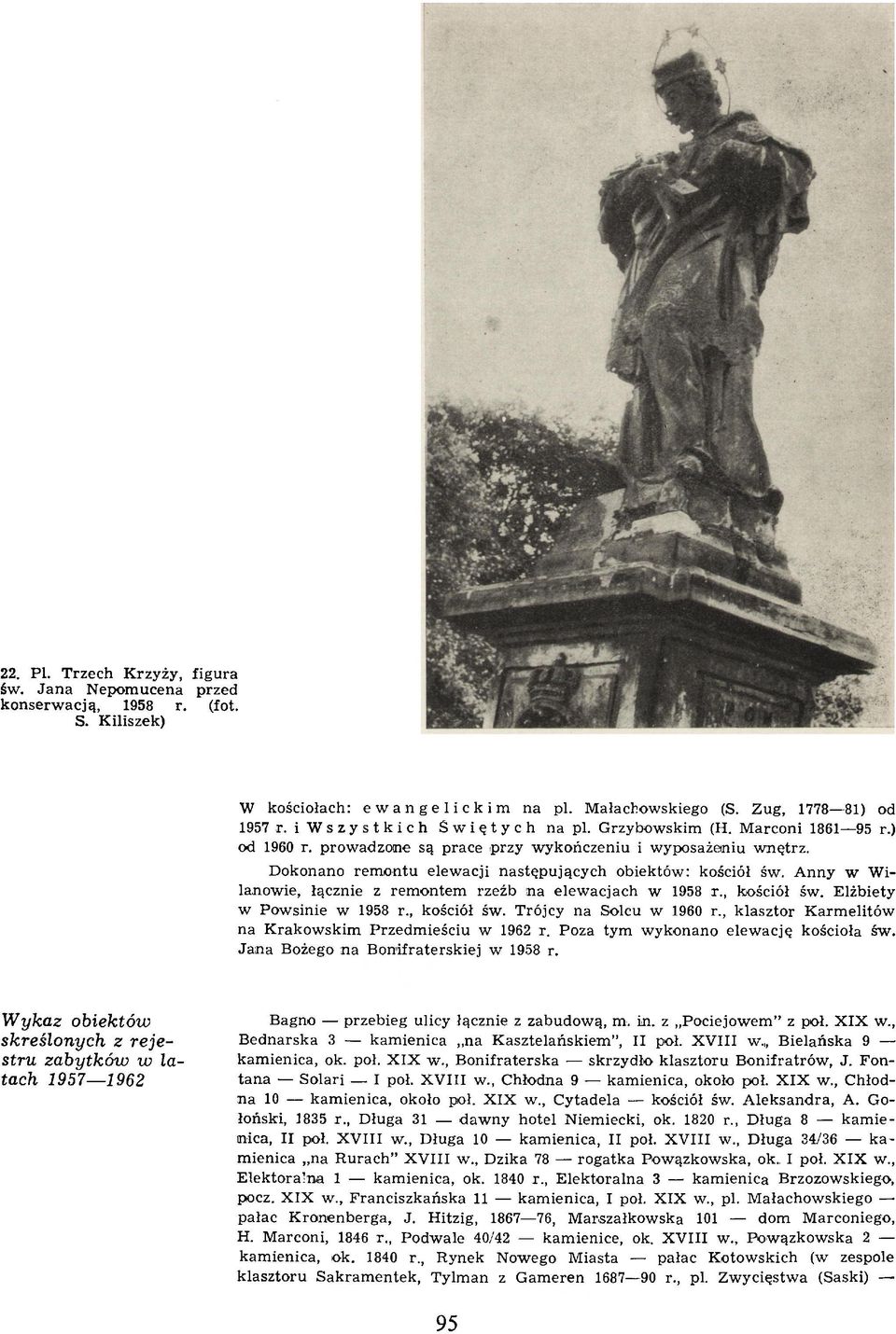 D okonano rem ontu elew acji następujących obiektów: kościół św. A nny w W i lanowie, łącznie z rem ontem rzeźb n a elew acjach w 1958 r., kościół św. Elżbiety w Powsinie w 1958 r., kościół św. Trójcy na Solcu w 1960 r.
