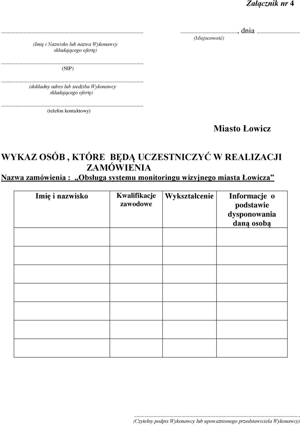 kontaktowy) WYKAZ OSÓB, KTÓRE BĘDĄ UCZESTNICZYĆ W REALIZACJI ZAMÓWIENIA Nazwa zamówienia : Obsługa systemu