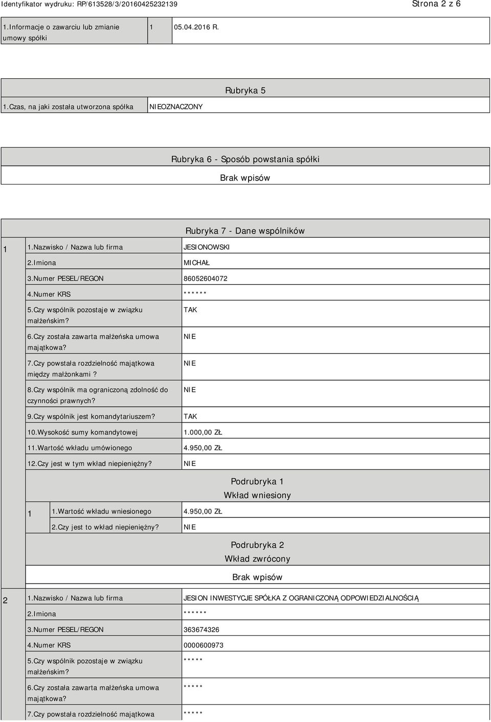 Czy została zawarta małżeńska umowa majątkowa? 7.Czy powstała rozdzielność majątkowa między małżonkami? 8.Czy wspólnik ma ograniczoną zdolność do czynności prawnych? 9.