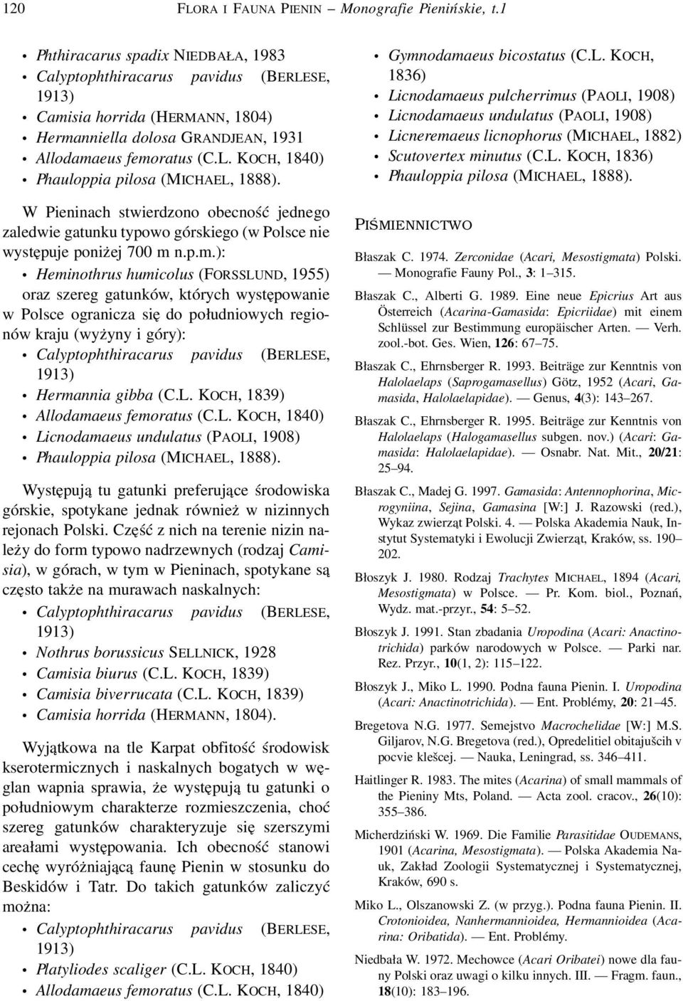 n.p.m.): Heminothrus humicolus (FORSSLUND, 1955) oraz szereg gatunków, których występowanie w Polsce ogranicza się do południowych regionów kraju (wyżyny i góry): Hermannia gibba (C.L. KOCH, 1839) Licnodamaeus undulatus (PAOLI, 1908) Phauloppia pilosa (MICHAEL, 1888).