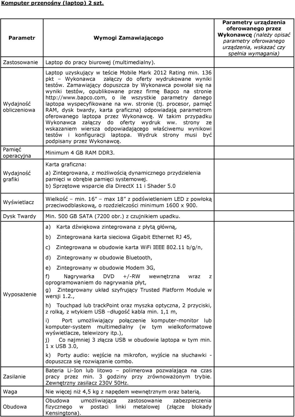 Zamawiający dopuszcza by Wykonawca powołał się na wyniki testów, opublikowane przez firmę Bapco na stronie http://www.bapco.com, o ile wszystkie parametry danego laptopa wyspecyfikowane na ww.