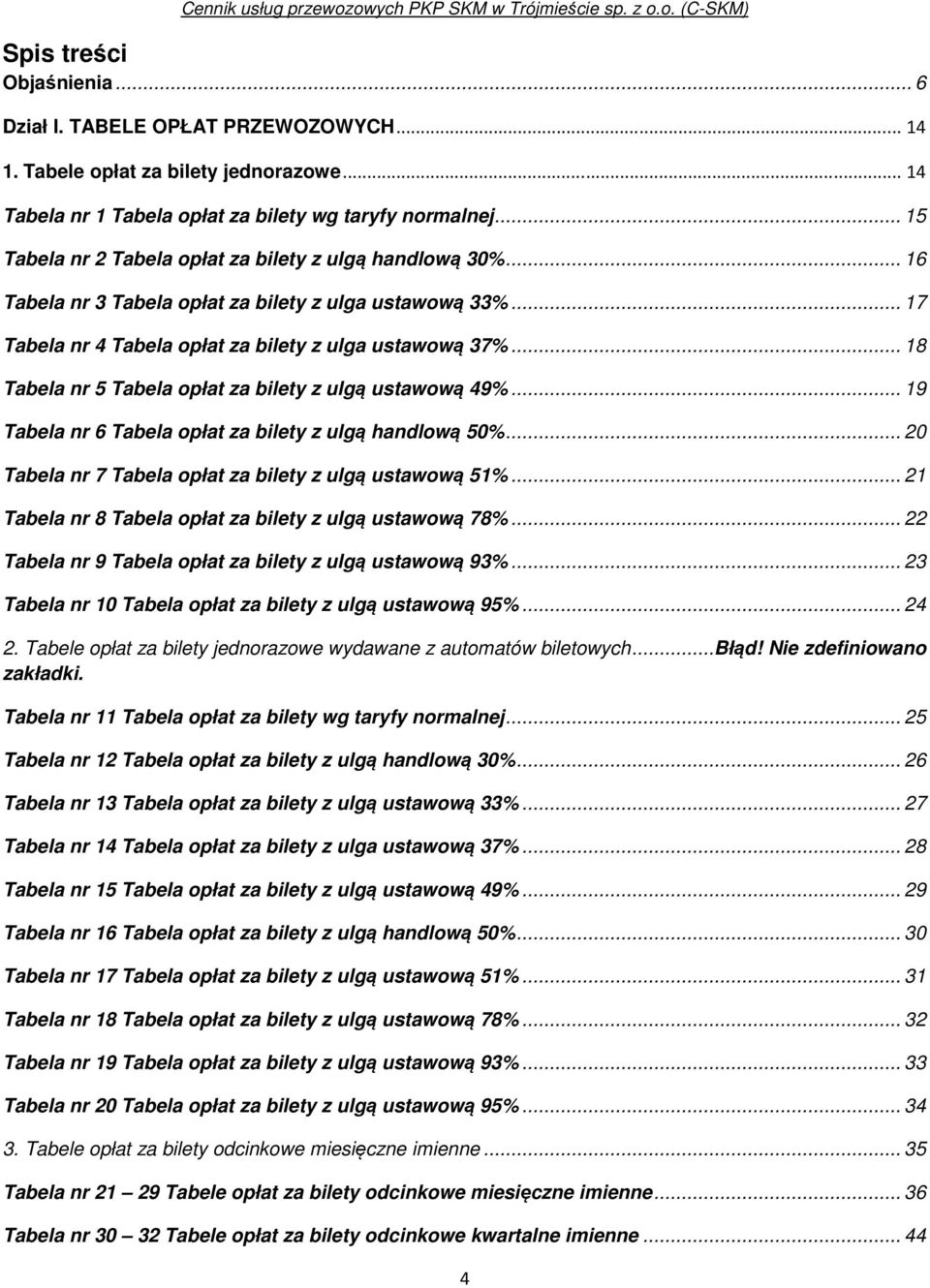 .. 18 Tabela nr 5 Tabela opłat za bilety z ulgą ustawową 49%... 19 Tabela nr 6 Tabela opłat za bilety z ulgą handlową 50%... 20 Tabela nr 7 Tabela opłat za bilety z ulgą ustawową 51%.