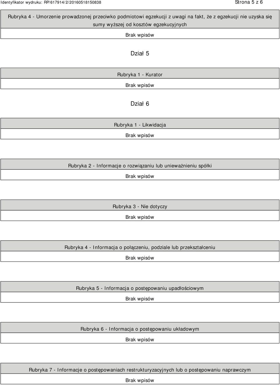 spółki Rubryka 3 - Nie dotyczy Rubryka 4 - Informacja o połączeniu, podziale lub przekształceniu Rubryka 5 - Informacja o postępowaniu