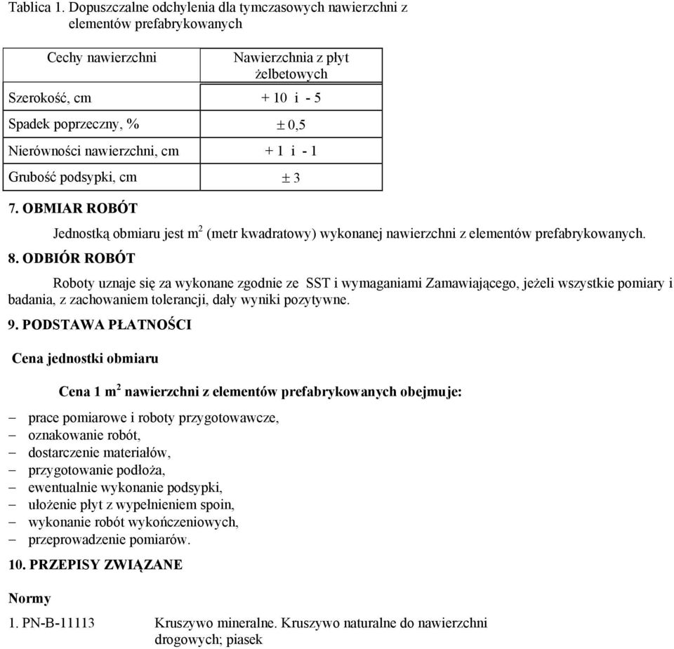 nawierzchni, cm + 1 i - 1 Grubość podsypki, cm ± 3 7. OBMIAR ROBÓT Jednostką obmiaru jest m 2 (metr kwadratowy) wykonanej nawierzchni z elementów prefabrykowanych. 8.