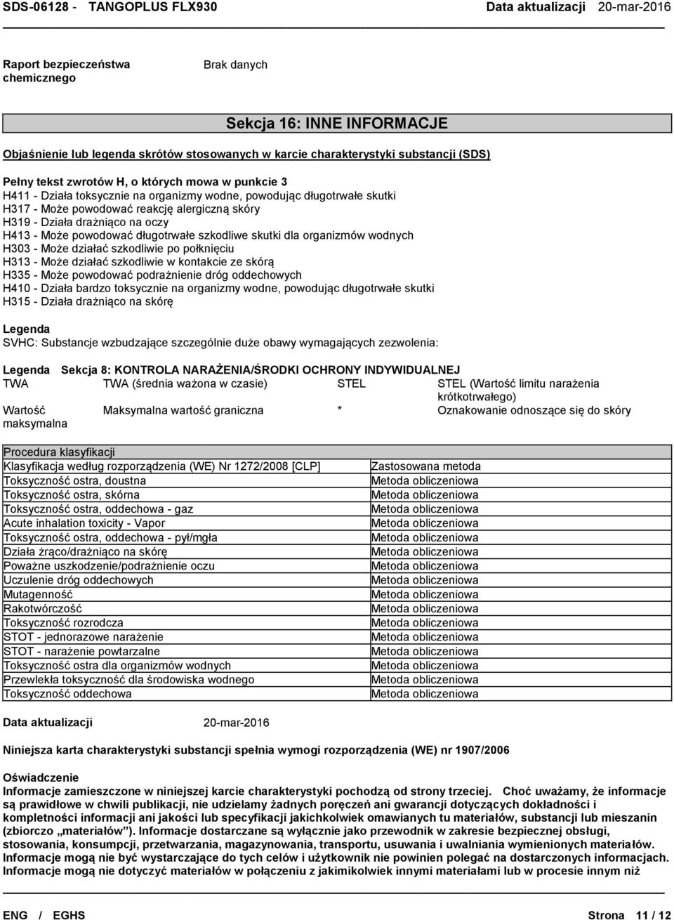 skutki dla organizmów wodnych H303 - Może działać szkodliwie po połknięciu H313 - Może działać szkodliwie w kontakcie ze skórą H335 - Może powodować podrażnienie dróg oddechowych H410 - Działa bardzo