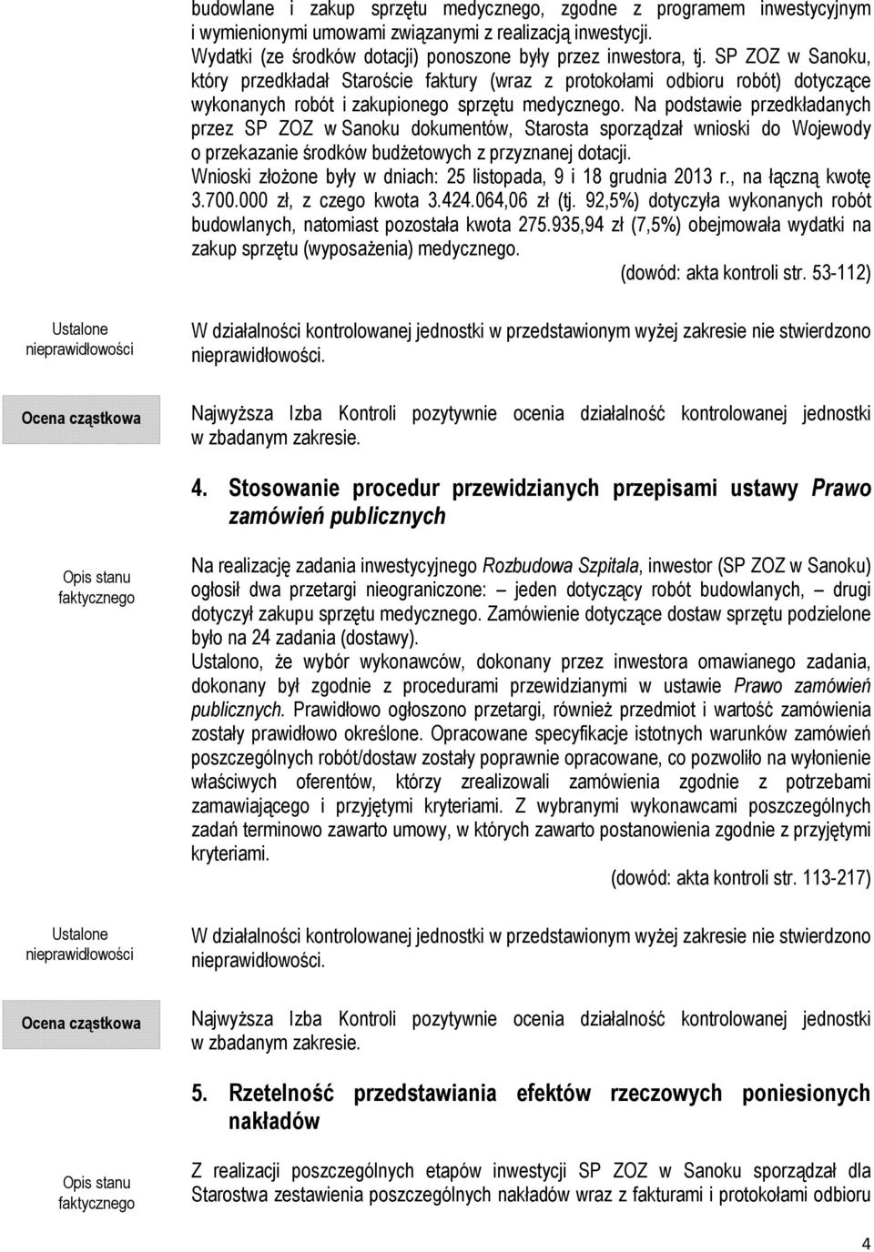 Na podstawie przedkładanych przez SP ZOZ w Sanoku dokumentów, Starosta sporządzał wnioski do Wojewody o przekazanie środków budżetowych z przyznanej dotacji.