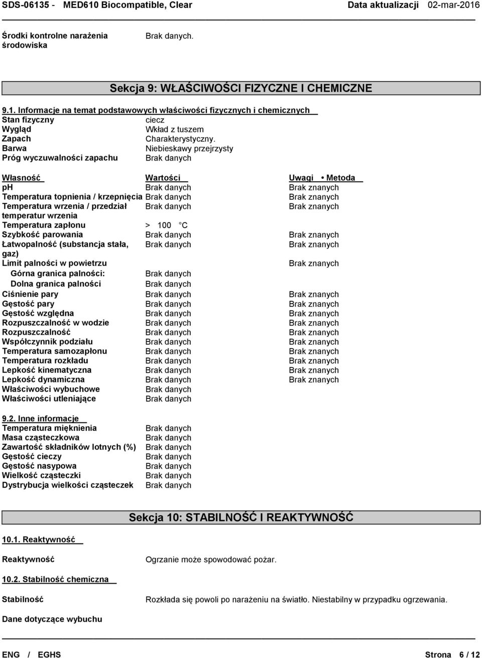 Barwa Niebieskawy przejrzysty Próg wyczuwalności zapachu Własność Wartości Uwagi Metoda ph Brak znanych Temperatura topnienia / krzepnięcia Brak znanych Temperatura wrzenia / przedział Brak znanych
