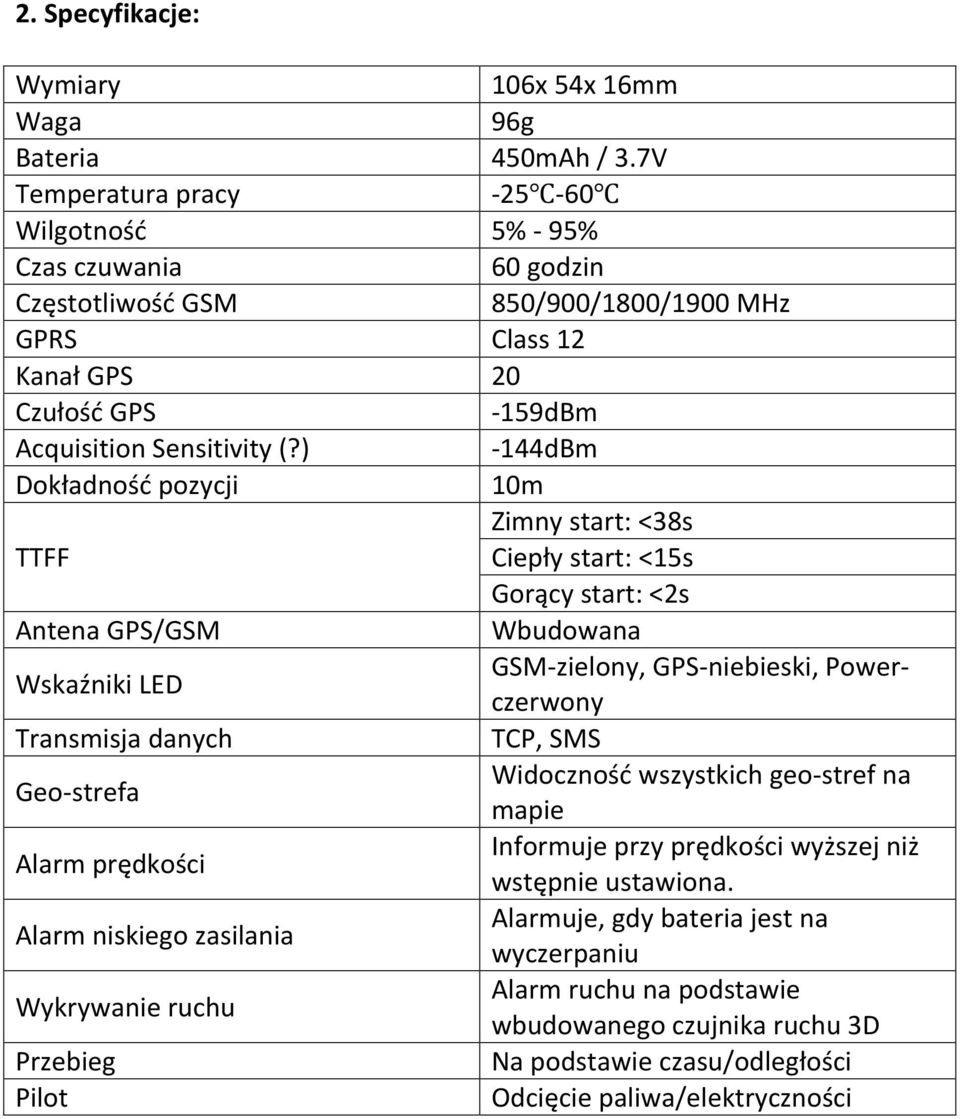 7V - 25-60 5% - 95% 60 godzin 850/900/1800/1900 MHz Class 12 20-159dBm - 144dBm 10m Zimny start: <38s Ciepły start: <15s Gorący start: <2s Wbudowana GSM- zielony, GPS- niebieski, Power- czerwony TCP,