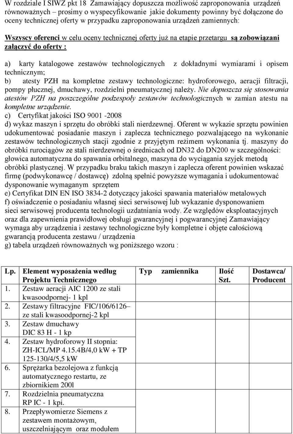 dokładnymi wymiarami i opisem technicznym; b) atesty PZH na kompletne zestawy technologiczne: hydroforowego, aeracji filtracji, pompy płucznej, dmuchawy, rozdzielni pneumatycznej należy.