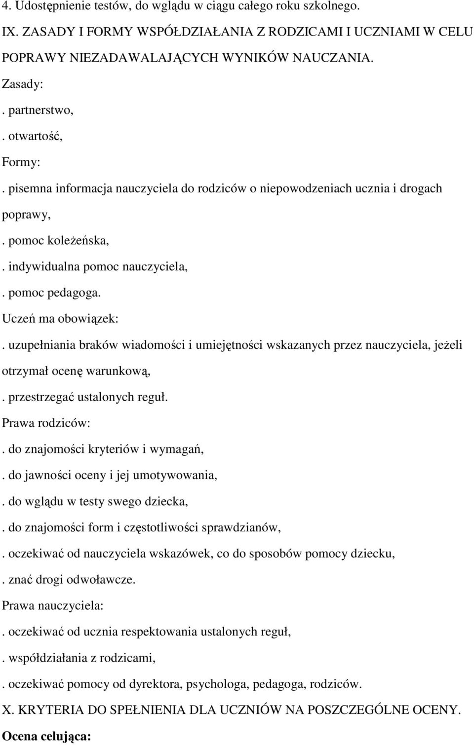 uzupełniania braków wiadomości i umiejętności wskazanych przez nauczyciela, jeżeli otrzymał ocenę warunkową,. przestrzegać ustalonych reguł. Prawa rodziców:. do znajomości kryteriów i wymagań,.