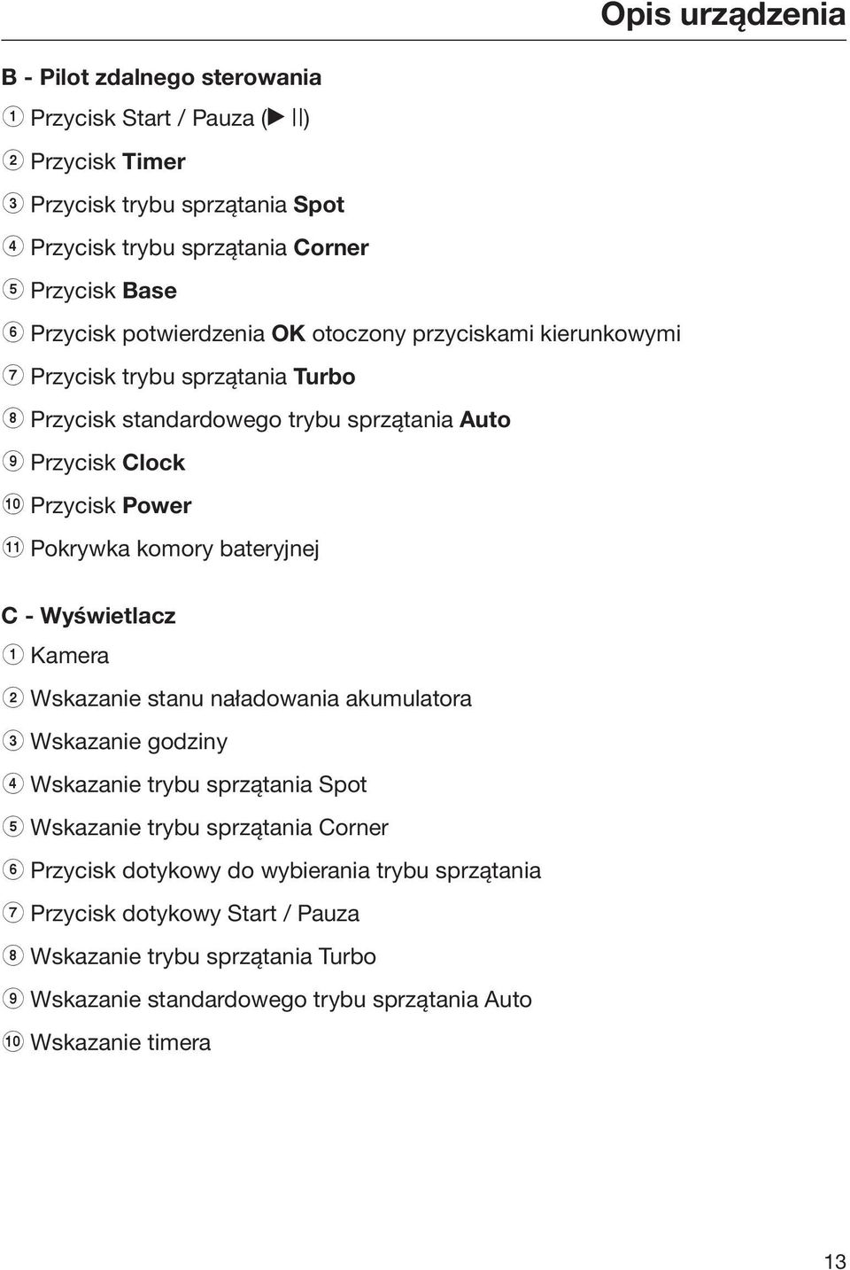 Pokrywka komory bateryjnej C - Wyświetlacz a Kamera b Wskazanie stanu naładowania akumulatora c Wskazanie godziny d Wskazanie trybu sprzątania Spot e Wskazanie trybu sprzątania