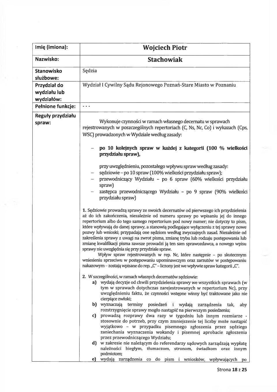 Wydziale według zasady: - po 10 kolejnych spraw w każdej z kategorii (100 % wielkości przydziału spraw), przy uwzględnieniu, pozostałego wpływu spraw według zasady: - sędziowie - po 10 spraw (100%