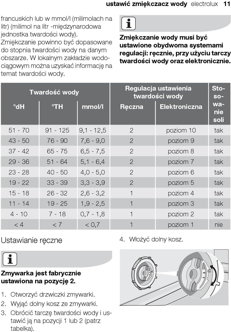 Zmiękczanie wody musi być ustawione obydwoma systemami regulacji: ręcznie, przy użyciu tarczy twardości wody oraz elektronicznie.
