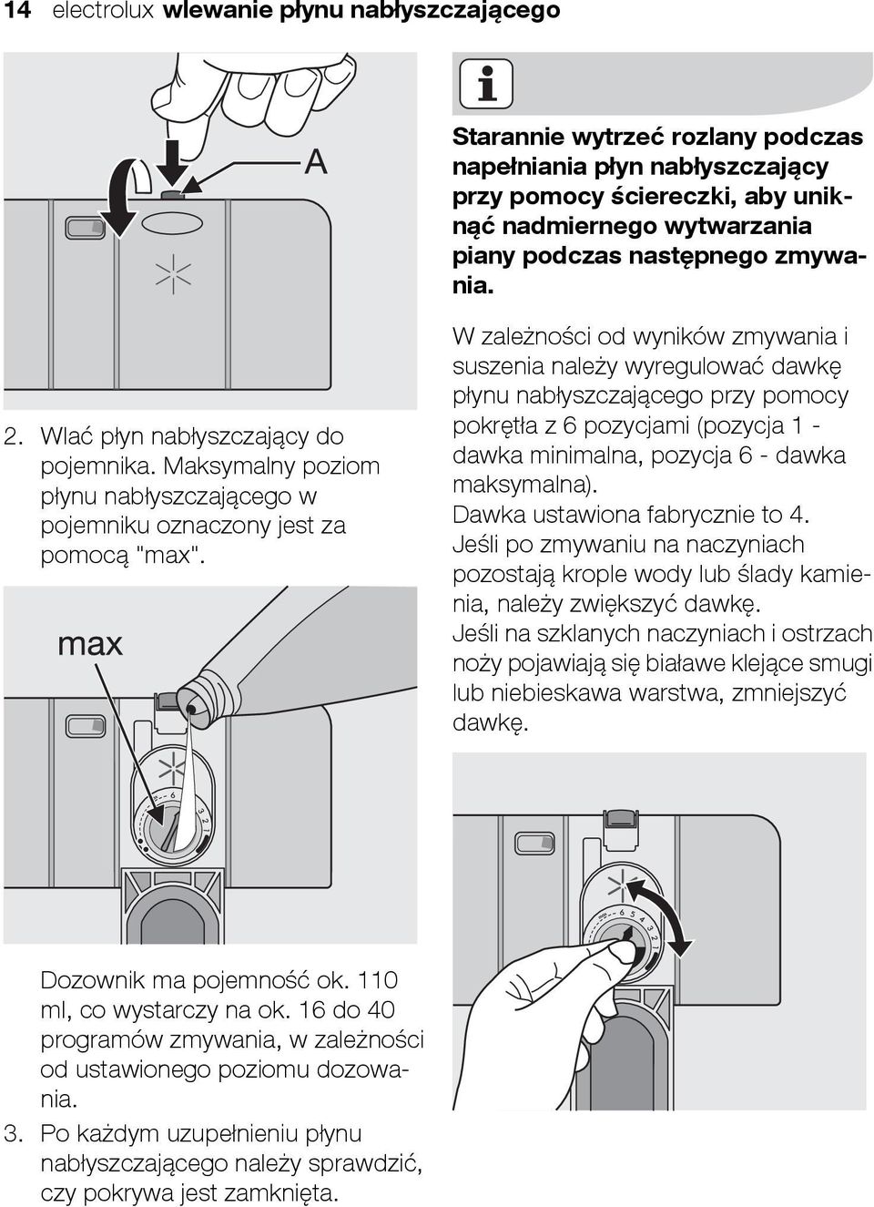 W zależności od wyników zmywania i suszenia należy wyregulować dawkę płynu nabłyszczającego przy pomocy pokrętła z 6 pozycjami (pozycja 1 - dawka minimalna, pozycja 6 - dawka maksymalna).