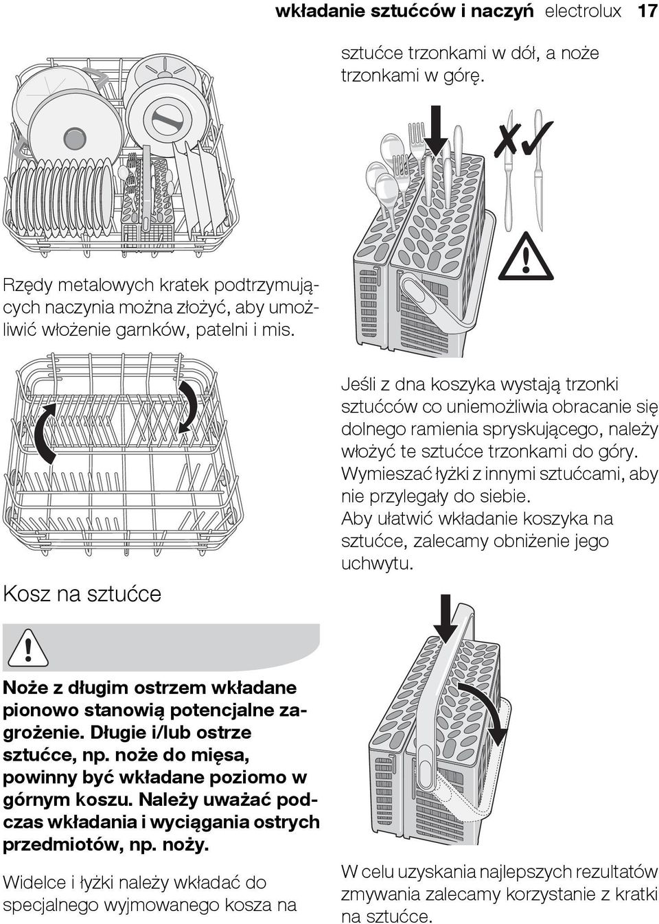 Kosz na sztućce Jeśli z dna koszyka wystają trzonki sztućców co uniemożliwia obracanie się dolnego ramienia spryskującego, należy włożyć te sztućce trzonkami do góry.