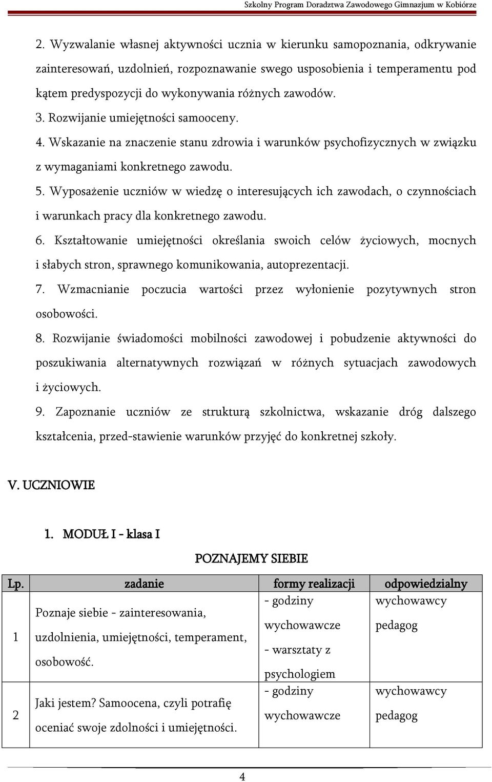 Wyposażenie uczniów w wiedzę o interesujących ich zawodach, o czynnościach i warunkach pracy dla konkretnego zawodu. 6.