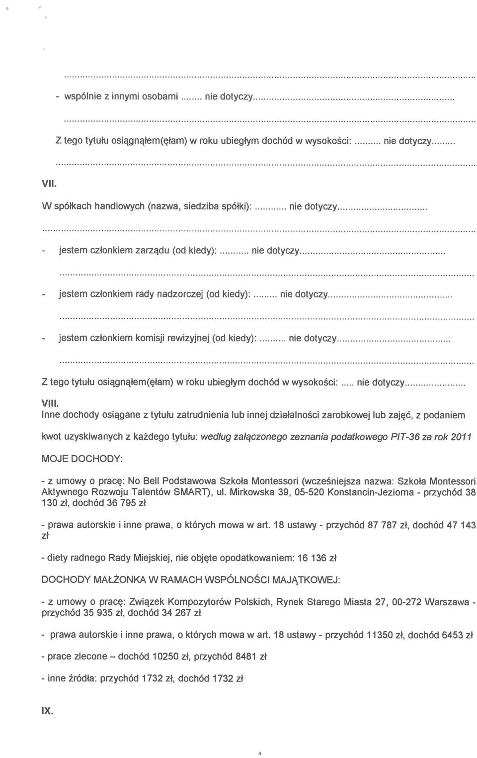 Inne dochody osiągane z tytułu zatrudnienia lub innej działalności zarobkowej lub zajęć, z podaniem kwot uzyskiwanych z każdego tytułu: według załączonego zeznania podatkowego Pl T-36 za rok 2011