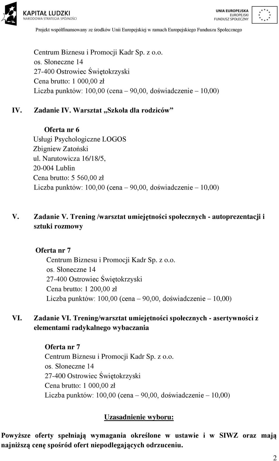 Trening /warsztat umiejętności społecznych - autoprezentacji i sztuki rozmowy Oferta nr 7 Cena brutto: 1 200,00 zł VI. Zadanie VI.