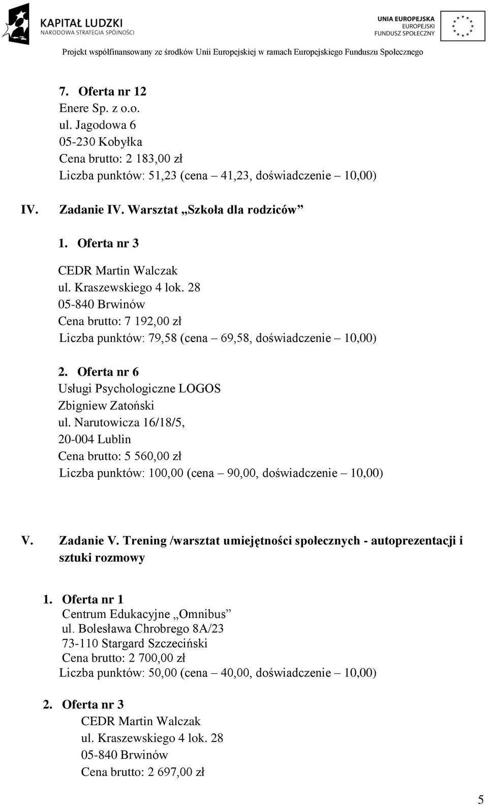 Oferta nr 6 Usługi Psychologiczne LOGOS Zbigniew Zatoński ul. Narutowicza 16/18/5, 20-004 Lublin Cena brutto: 5 560,00 zł V. Zadanie V.