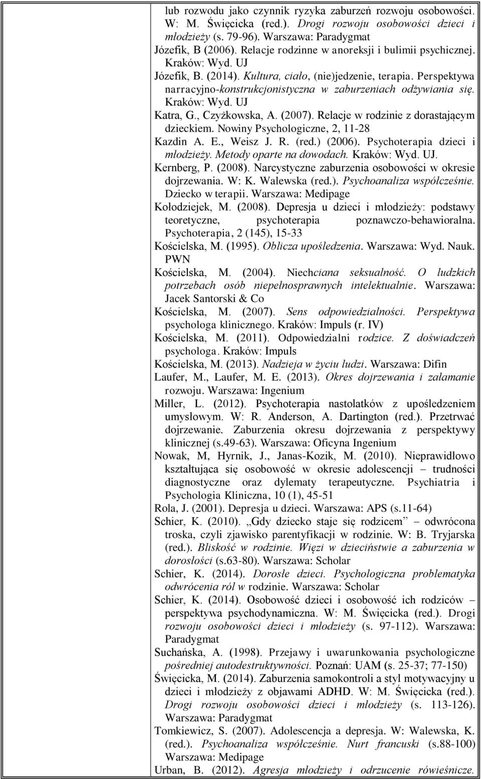 Perspektywa narracyjno-konstrukcjonistyczna w zaburzeniach odżywiania się. Kraków: Wyd. UJ Katra, G., Czyżkowska, A. (2007). Relacje w rodzinie z dorastającym dzieckiem.