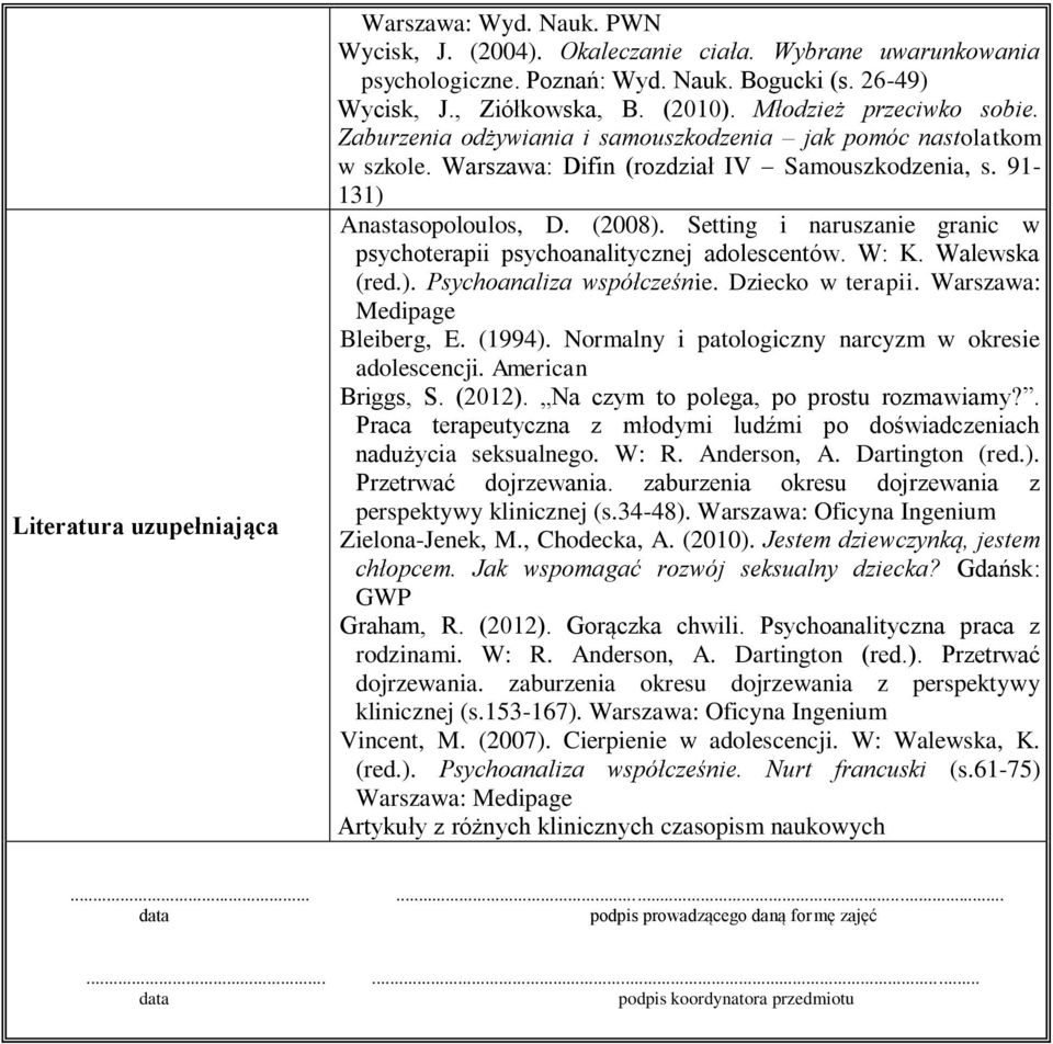 Setting i naruszanie granic w psychoterapii psychoanalitycznej adolescentów. W: K. Walewska (red.). Psychoanaliza współcześnie. Dziecko w terapii. Warszawa: Medipage Bleiberg, E. (1994).